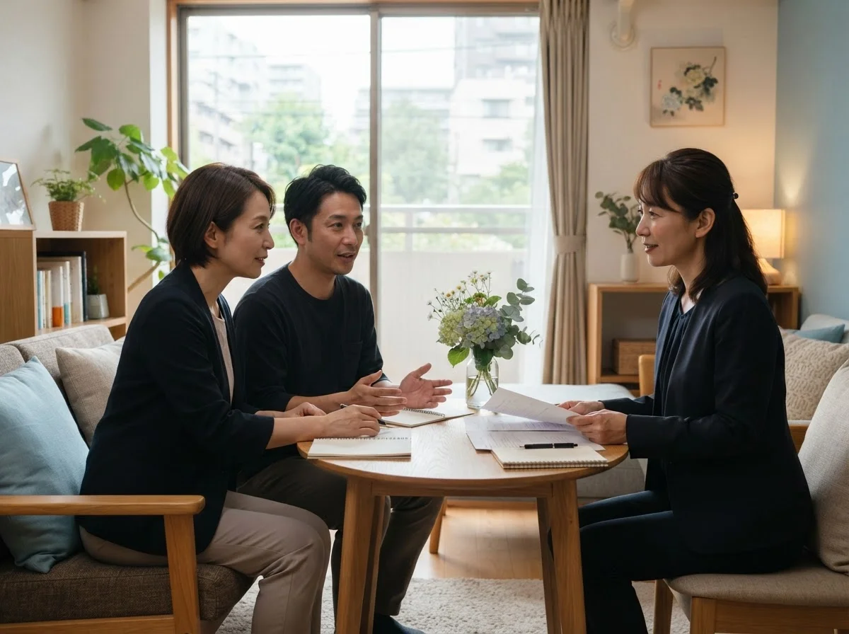 相談室のテーブルで二人が資料を確認している様子